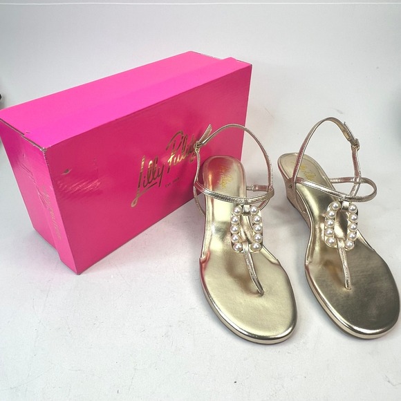 Lilly Pulitzer Good As Gold Pearl Wedge Sandals Metallic Gold Size 10M - Picture 2 of 7